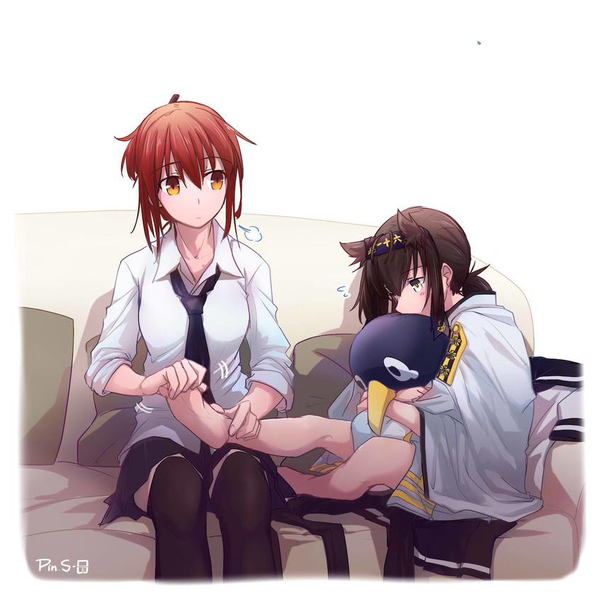bangs black_legwear blush borrowed_garments breasts brown_hair character_doll clothes_removed clothes_writing couch dress_shirt epaulettes expressionless eyebrows_visible_through_hair failure_penguin female_admiral_(kantai_collection) foot_massage hachimaki hair_between_eyes hairband hatsuzuki_(kantai_collection) headband highres kantai_collection long_sleeves medium_breasts military_jacket multiple_girls necktie pillow pillow_hug pin.s pleated_skirt ponytail red_hair shirt short_hair signature sitting skirt thighhighs yellow_eyes