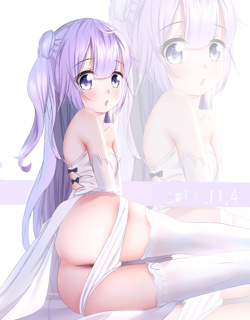 absurdres anus ass azur_lane bare_shoulders blue_eyes blue_hair dress elbow_gloves from_behind gloves hair_bun highres lazy_guang_guang long_hair looking_back lying on_side open_mouth panties panty_pull side_ponytail solo strapless strapless_dress thigh_gap thighhighs underwear unicorn_(azur_lane) white_dress white_gloves white_legwear white_panties