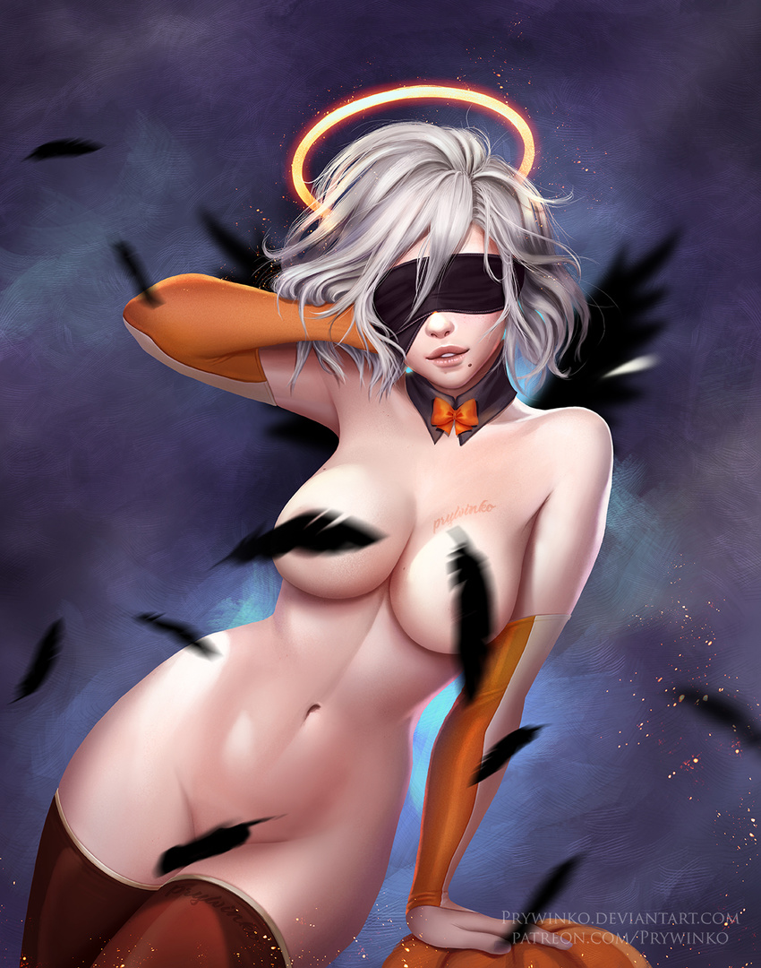 arm_support arm_up armpits artist_name black_wings blindfold blurry blush body_writing bow bowtie breasts bridal_gauntlets collarbone convenient_censoring covered_eyes cowboy_shot depth_of_field detached_collar facing_viewer feathers groin halo hand_in_hair highres large_breasts leaning_to_the_side lips mole mole_on_breast mole_under_mouth navel nier_(series) nier_automata nude olga_narhova orange_bow orange_neckwear parted_lips red_legwear short_hair silver_hair smile solo standing stomach thighhighs wings yorha_no._2_type_b