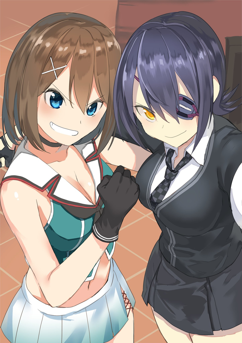 &gt;:) black_cardigan black_gloves black_neckwear black_skirt blue_eyes breasts brown_hair cardigan checkered checkered_neckwear commentary_request eyepatch fingerless_gloves gloves grin hair_ornament highres kantai_collection large_breasts masukuza_j maya_(kantai_collection) military military_uniform multiple_girls necktie no_hat no_headwear pleated_skirt purple_hair reaching_out remodel_(kantai_collection) school_uniform self_shot shirt short_hair skirt sleeveless smile tenryuu_(kantai_collection) uniform v-shaped_eyebrows white_shirt white_skirt x_hair_ornament yellow_eyes