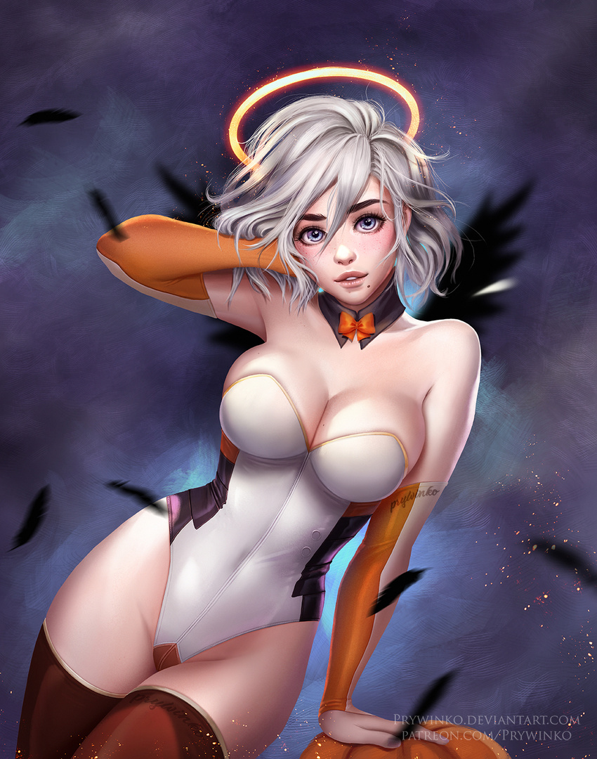 adapted_costume arm_support arm_up armpits artist_name bare_shoulders black_wings blue_eyes blurry blush bow bowtie breasts bridal_gauntlets cleavage collarbone cosplay cowboy_shot depth_of_field detached_collar freckles gloves glowing groin hair_between_eyes halo hand_in_hair highres large_breasts leaning_to_the_side leotard lips looking_at_viewer mercy_(overwatch) mercy_(overwatch)_(cosplay) mole mole_on_breast mole_under_mouth nier_(series) nier_automata olga_narhova orange_bow orange_gloves orange_neckwear overwatch parted_lips red_legwear short_hair silver_hair solo standing strapless strapless_leotard thick_eyebrows white_leotard wings yorha_no._2_type_b