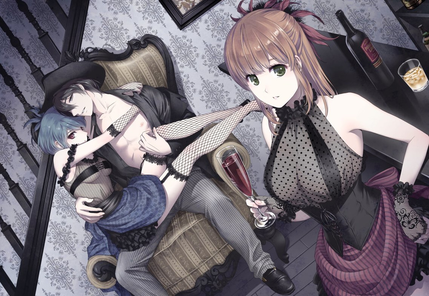 2girls alcohol armchair black_shirt blue_hair bottle breasts brown_eyes brown_hair chair counter cup domestic_na_kanojo drinking_glass dutch_angle expressionless feathers fingerless_gloves fishnet_gloves fishnet_legwear fishnets fujii_natsuo garter_straps gloves hair_feathers half_updo hetero hug large_breasts looking_at_viewer medium_breasts multiple_girls official_art open_clothes open_shirt pants parted_lips pinstripe_pattern railing red_eyes sasuga_kei shirt shoes shot_glass siblings sisters sitting sitting_on_lap sitting_on_person skirt stairs striped tachibana_hina tachibana_rui thighhighs underbust vertical-striped_skirt vertical_stripes wine_bottle wine_glass