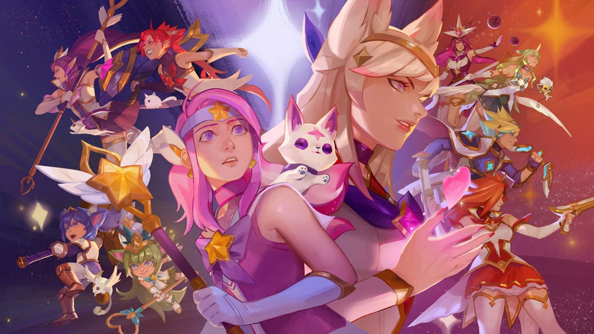 6+girls ahri animal_ears blonde_hair blue_eyes blue_hair boots bow circlet dual_wielding ezreal fox_ears green_hair gun hair_ornament hammer heart heart_hair_ornament holding horn janna_windforce jinx_(league_of_legends) league_of_legends light_brown_hair long_hair lulu_(league_of_legends) luxanna_crownguard magical_girl multicolored_hair multiple_girls official_art pink_hair pointy_ears ponytail poppy purple_eyes purple_hair red_eyes red_hair sarah_fortune skirt soraka staff star star_guardian_ahri star_guardian_ezreal star_guardian_janna star_guardian_jinx star_guardian_lulu star_guardian_lux star_guardian_miss_fortune star_guardian_poppy star_guardian_soraka star_guardian_syndra suqling syndra thigh_boots thighhighs tiara twintails two-tone_hair weapon wings