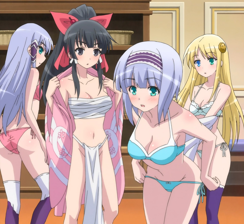 4girls blonde_hair else_shileska isekai_wa_smartphone_to_tomo_ni. kokonoe_yae linse_shileska long_hair screencap short_hair stitched underwear undressing yumina_elnea_belfast