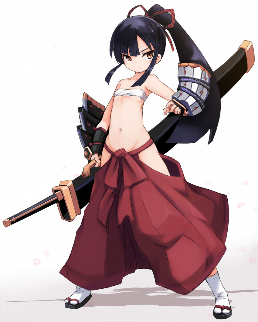 :&lt; arm_guards armor bandeau breasts brown_eyes bushidou_(sekaiju) closed_mouth collarbone commentary_request fighting_stance full_body geta groin hair_ribbon highres hip_vent holding japanese_armor karukan_(monjya) legs_apart long_hair looking_at_viewer navel no_panties ponytail red_ribbon ribbon sekaiju_no_meikyuu serious shadow sheath sheathed sidelocks simple_background small_breasts socks solo standing stomach strapless sword tabi underboob v-shaped_eyebrows very_long_hair weapon white_background white_legwear