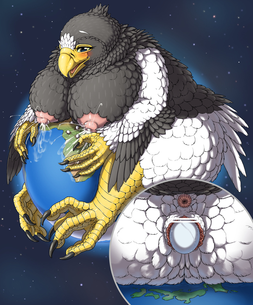 anthro anus avian beak big_breasts blue_eyes breasts bubonikku censored earth egg feathers female lactating macro nipples oviposition pussy space talons where_is_your_god_now