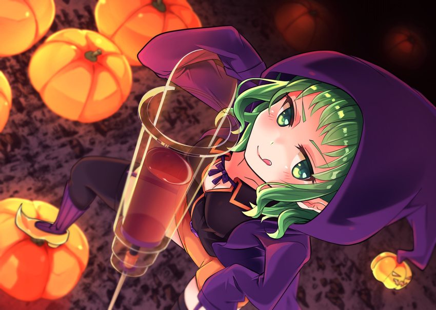 :p bad_id bad_pixiv_id black_legwear black_skirt blood blush breasts cleavage collarbone from_above green_eyes green_hair gumi halloween halloween_costume highres hood hooded_jacket jacket kneehighs long_sleeves looking_at_viewer medium_breasts nanashi_(nns040p) neck_ribbon open_clothes open_jacket orange_shorts pumpkin purple_jacket ribbon shorts skirt solo standing_on_object syringe thighhighs tongue tongue_out very_long_sleeves vocaloid witch yellow_footwear