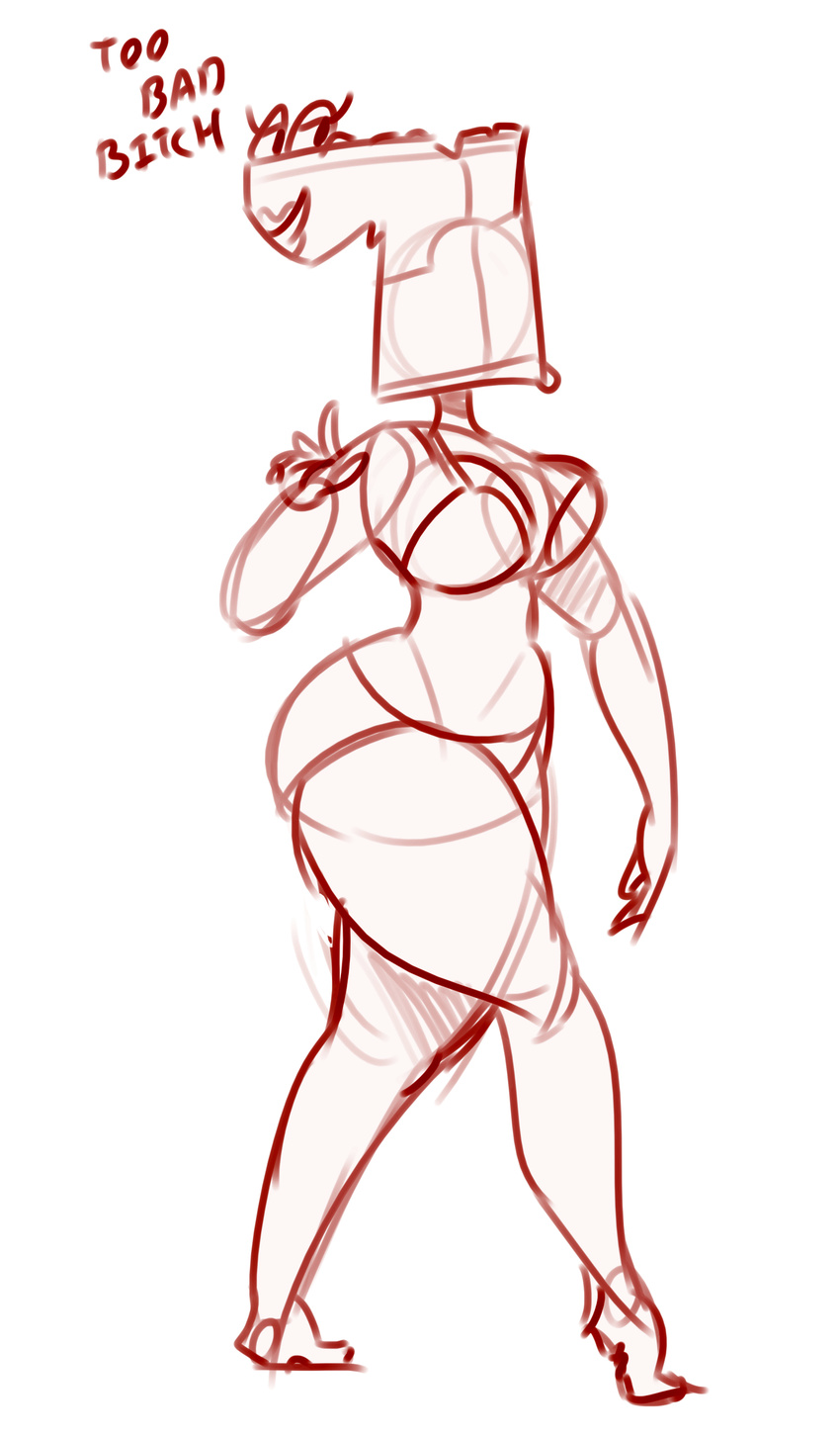 animate_inanimate anthro bikini boots breasts cleavage clothed clothing dialogue english_text eyelashes female footwear humanoid jontron lipstick makeup monochrome profanity red_and_white secretgoombaman12345 sketch smile solo swimsuit text the_great_bootleg what why wide_hips