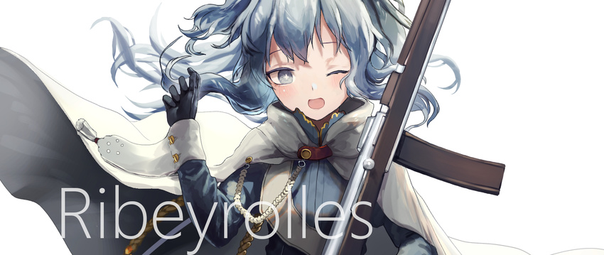 age_regression ajirui arm_up assault_rifle bangs blue_eyes blush breasts buckle cape character_name commentary_request cuff_links dress eyebrows girls_frontline gloves gun highres holding holding_gun holding_weapon long_hair long_sleeves looking_at_viewer one_eye_closed open_mouth ribeyrolles_1918 ribeyrolles_1918_(girls_frontline) rifle silver_hair sleeve_cuffs small_breasts smile solo star star-shaped_pupils symbol-shaped_pupils wavy_hair weapon white_background white_cape younger