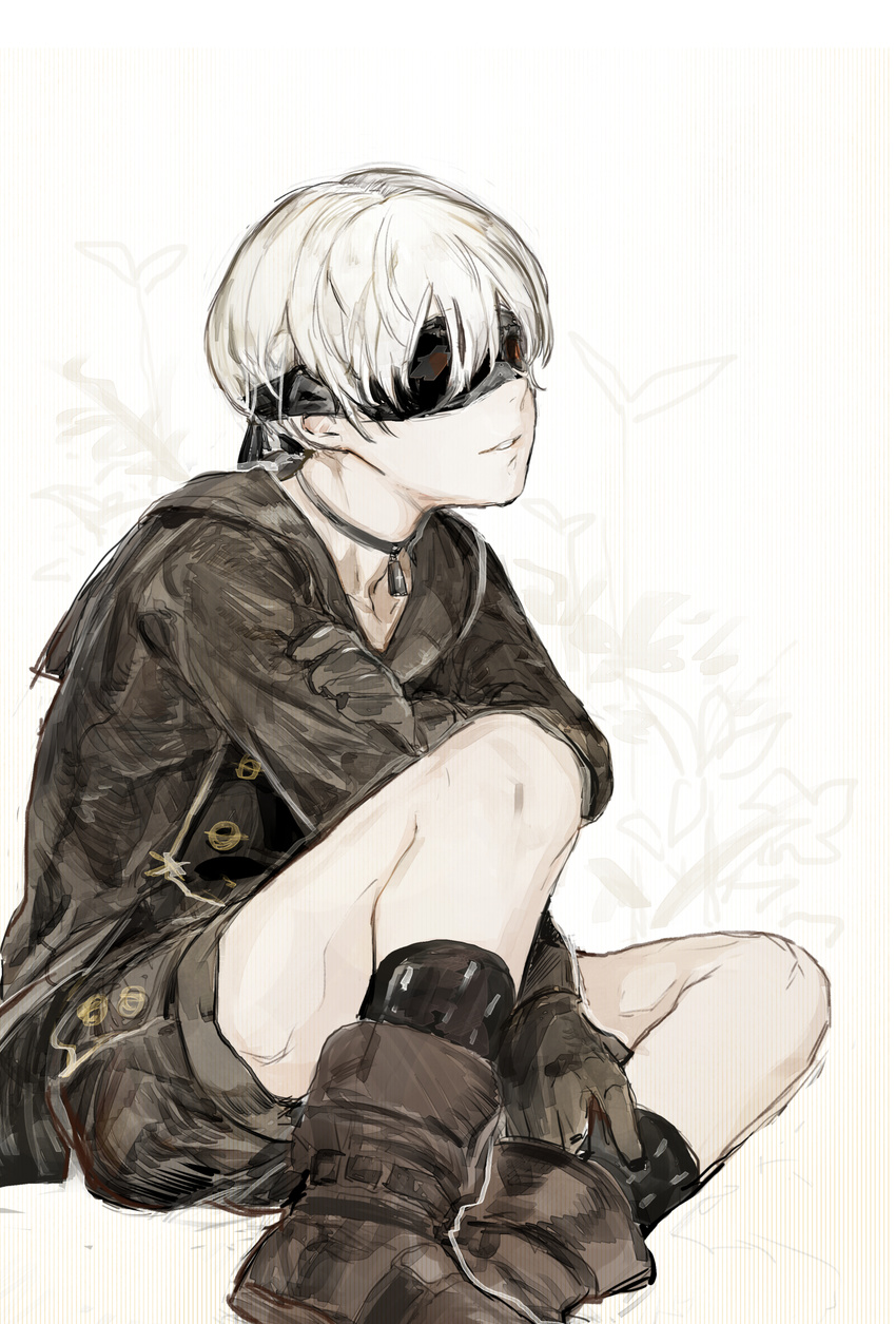 bangs black_legwear blindfold boots brown_footwear brown_gloves choker covered_eyes from_side gloves highres hiranko jacket long_sleeves male_focus nier_(series) nier_automata parted_lips shorts sitting solo white_hair yorha_no._9_type_s