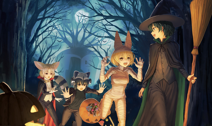 animal_ears bandages common_raccoon fennec halloween kaban_(kemono_friends) kemono_friends serval sion_(9117) tail witch
