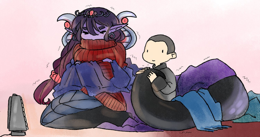 &gt;_&lt; 1boy 1girl apophis_(monster_girl_encyclopedia) black_sweater blanket blush commentary gem hair_between_eyes hair_ornament hair_scrunchie heater lamia latenight long_hair low-tied_long_hair monster_girl monster_girl_encyclopedia pink_background pink_scrunchie pointy_ears purple_hair purple_skin red_sweater ribbed_sweater scrunchie sitting sweater tail tail_grab tiara trembling winter