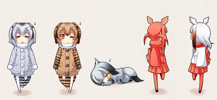 anni_minto brown_eyes brown_hair chibi coat commentary eurasian_eagle_owl_(kemono_friends) gradient_hair head_wings japanese_crested_ibis_(kemono_friends) kemono_friends long_hair multicolored_hair multiple_girls northern_white-faced_owl_(kemono_friends) one_eye_closed pantyhose pleated_skirt red_hair red_legwear scarlet_ibis_(kemono_friends) shoebill_(kemono_friends) short_hair silver_hair simple_background skirt sleeping standing standing_on_one_leg white_hair white_legwear winter_clothes winter_coat