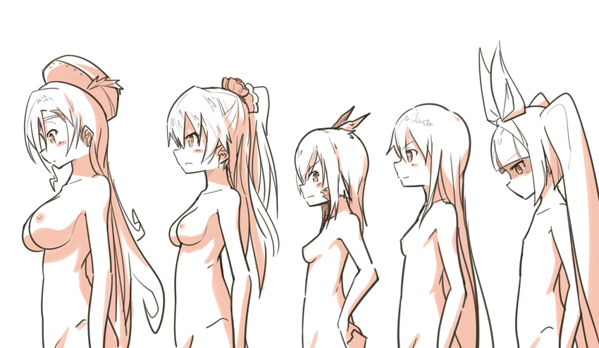 5girls :o angry blush breast_conscious breasts bust_chart character_request chart clam_shell_(ole_tower) dosu female flat_chest from_side frown hair_ornament hair_ribbon half_updo hand_on_hip hat horns lineup long_hair monochrome multiple_girls nipa-ko nipples nude ole_tower open_mouth ponytail ribbon scales shaded_face simple_background small_breasts smile standing twintails upper_body white_background