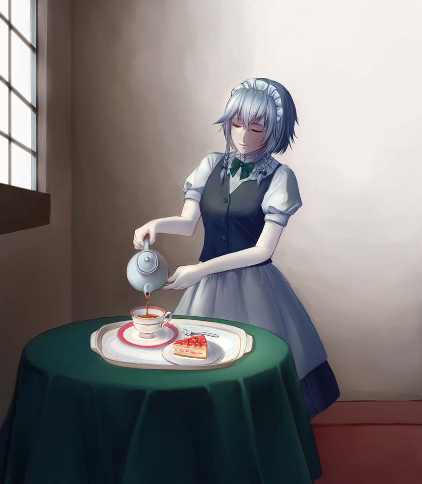 bow bowtie braid closed_eyes cup facing_viewer fine_art_parody food fork fruit highres indoors inose_(murphy) izayoi_sakuya maid parody pie pouring saucer silver_hair solo standing strawberry table tablecloth tea teacup teapot the_milkmaid touhou tray window