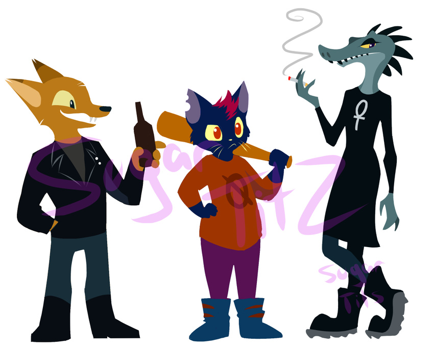 2017 alligator alternate_form anthro baseball_bat bea_(nitw) beer_bottle black_fur boots canine cat cigarette clothed clothing crocodilian cute digital_media_(artwork) fangs feline footwear fox fully_clothed fur green_scales gregg_(nitw) hair happy mae_(nitw) mammal night_in_the_woods open_mouth open_smile red_hair reptile scales scalie simple_background smile sugartits_(artist) watermark white_background yellow_fur