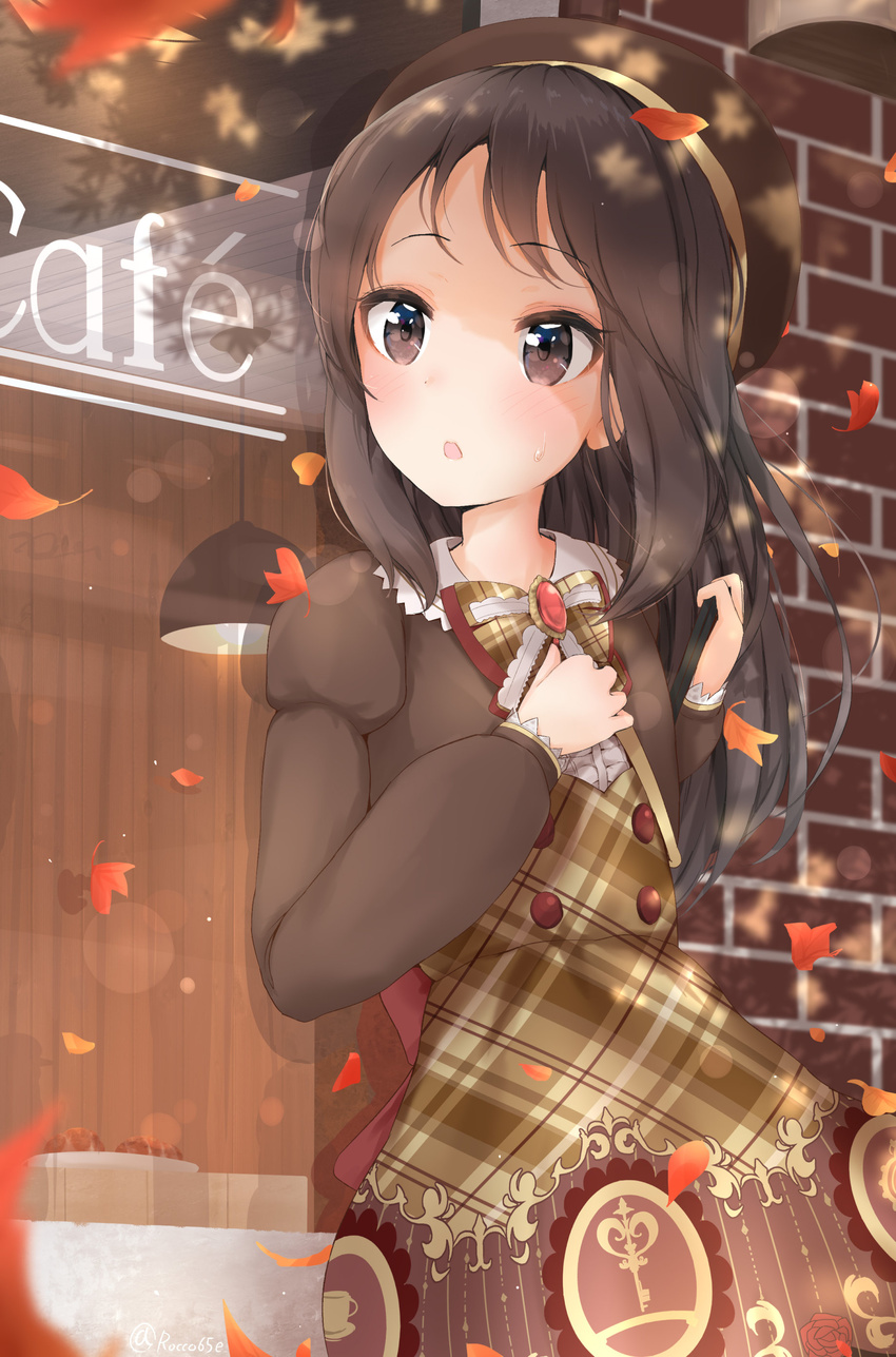 :o absurdres against_wall autumn autumn_leaves beret blush bow brick_wall brown_bow brown_dress brown_eyes brown_hair brown_hat brown_neckwear ceiling_light dress eyebrows_visible_through_hair falling_leaves hand_on_own_chest hat highres holding idolmaster idolmaster_cinderella_girls kashiwamochi_roko leaf long_hair long_sleeves looking_to_the_side open_mouth outdoors plaid plaid_bow plaid_dress plaid_neckwear puffy_long_sleeves puffy_sleeves solo storefront sweat tachibana_arisu tareme twitter_username upper_body window