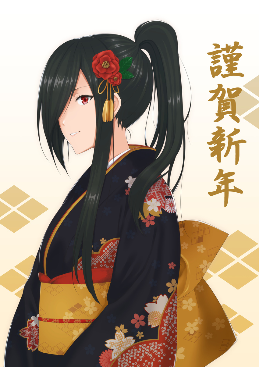 absurdres black_hair black_kimono brown_background chokuro commentary_request family_crest floral_print flower from_side gradient gradient_background hair_flower hair_ornament hair_over_one_eye happy_new_year high_ponytail highres japanese_clothes kimono long_hair long_sleeves looking_at_viewer looking_to_the_side nengajou new_year obiage obijime original parted_lips ponytail print_kimono print_obi red_eyes red_flower shiny shiny_hair smile solo takeda_bishi tassel translated upper_body white_background