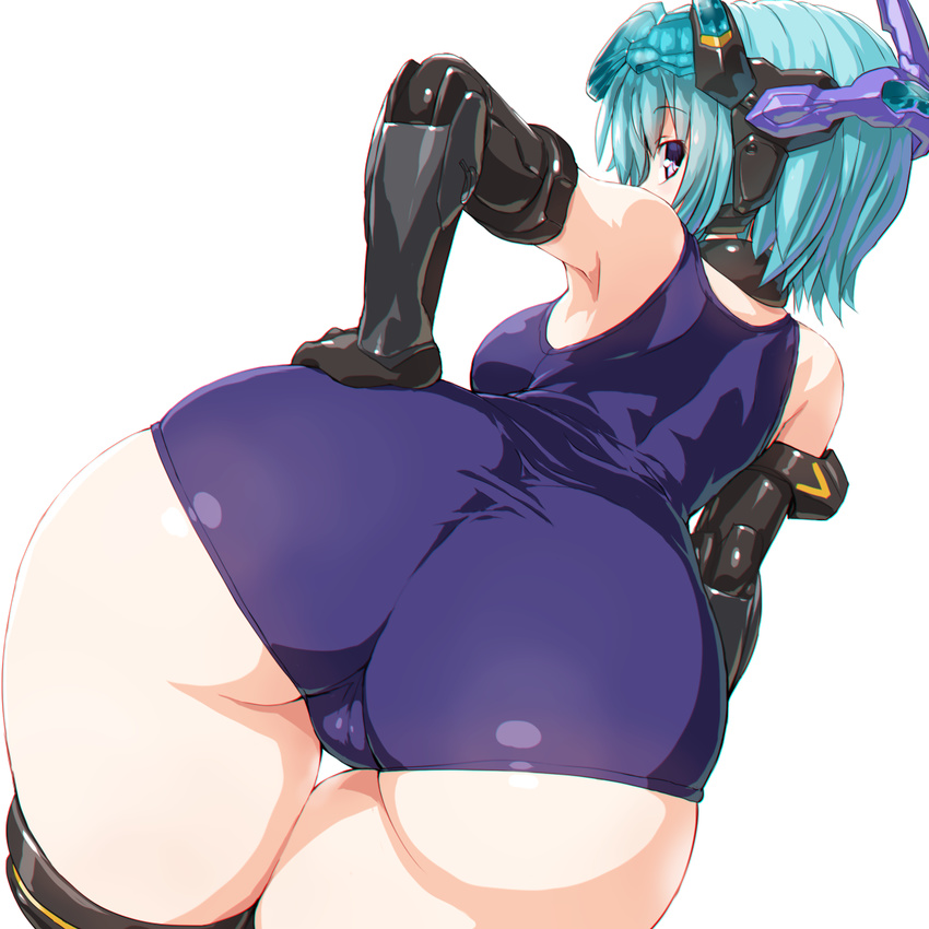 ass black_gloves black_legwear blue_hair blush breasts chromatic_aberration commentary_request dd_(ijigendd) dutch_angle elbow_gloves eyebrows_visible_through_hair frame_arms_girl from_behind gloves hand_on_hip headgear highres hresvelgr legs_together looking_at_viewer looking_back mecha_musume medium_breasts one-piece_swimsuit purple_eyes school_swimsuit shiny shiny_clothes shiny_hair shiny_skin short_hair simple_background solo swimsuit thigh_gap thighhighs thighs white_background