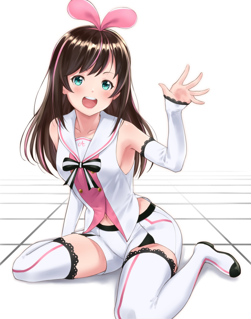 :d a.i._channel arm_up arm_warmers armpits bangs bare_shoulders black_bow blush boots bow bowtie breasts brown_hair buttons chokuro collarbone commentary_request eyebrows_visible_through_hair green_eyes hair_bow hairband head_tilt highres kizuna_ai lace long_hair looking_at_viewer multicolored_hair navel open_mouth outstretched_hand pink_bow pink_hair pink_hairband round_teeth sailor_collar shadow shiny shiny_hair shorts sitting sleeveless small_breasts smile solo streaked_hair striped striped_neckwear swept_bangs teeth thigh_boots thighhighs tile_floor tiles virtual_youtuber wariza waving white_background white_footwear white_sailor_collar white_shorts