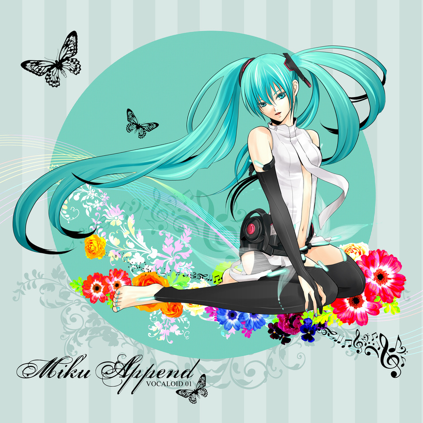 absurdres anemone_(flower) aqua_eyes aqua_hair barefoot belt bridal_gauntlets bug butterfly elbow_gloves fingerless_gloves flower gloves hatsune_miku hatsune_miku_(append) hazuki_(azana) highres insect long_hair navel necktie orange_flower orange_rose pansy rose sitting solo toeless_legwear twintails very_long_hair vocaloid vocaloid_append yellow_flower yellow_rose