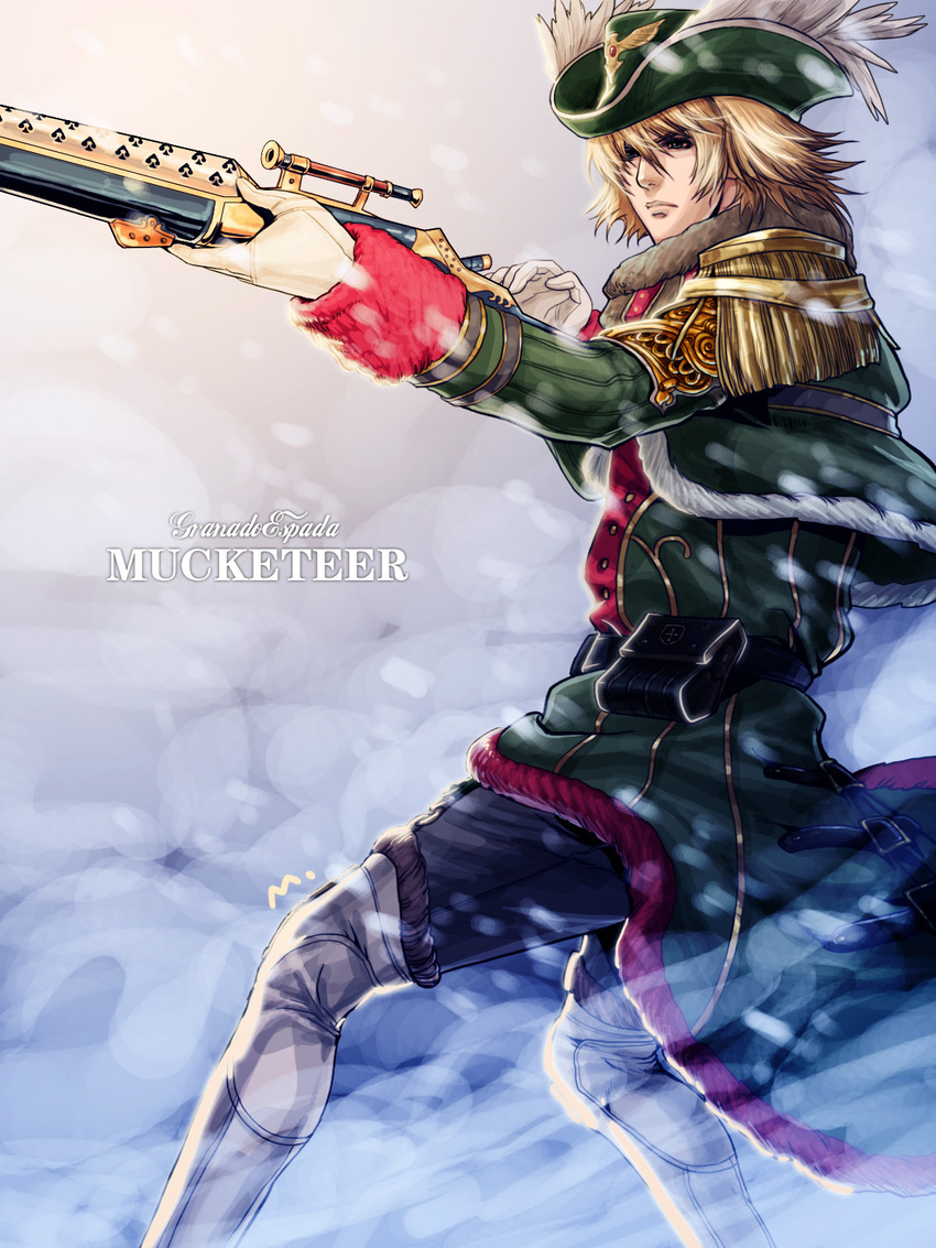 bad_id bad_pixiv_id belt blonde_hair blue_eyes buckle et.m feathers granado_espada gun highres male_focus musketeer_(granado_espada) snow solo uniform weapon