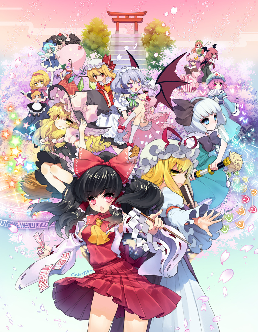 :o alice_margatroid bad_id bad_pixiv_id bat_wings black_hair blonde_hair blue_eyes blue_hair bob_cut book bow bug butterfly carrying cherry_blossoms cherrypin cirno colorful danmaku detached_sleeves fan fingernails flandre_scarlet folding_fan gohei hair_bow hair_tubes hairband hakurei_reimu hand_on_headwear hands hat head_wings highres hong_meiling insect izayoi_sakuya katana kazami_yuuka kirisame_marisa koakuma konpaku_youmu long_hair maid maid_headdress multiple_girls ofuda outstretched_hand parasol patchouli_knowledge petals plaid plaid_skirt plaid_vest pleated_skirt pointing princess_carry purple_eyes purple_hair reading red_eyes red_hair remilia_scarlet saigyouji_yuyuko shameimaru_aya shanghai_doll sheath short_hair silver_hair skirt skirt_set smile smirk stairs star sword torii touhou tree umbrella unsheathing vest waving weapon white_hair wings yakumo_yukari yellow_eyes