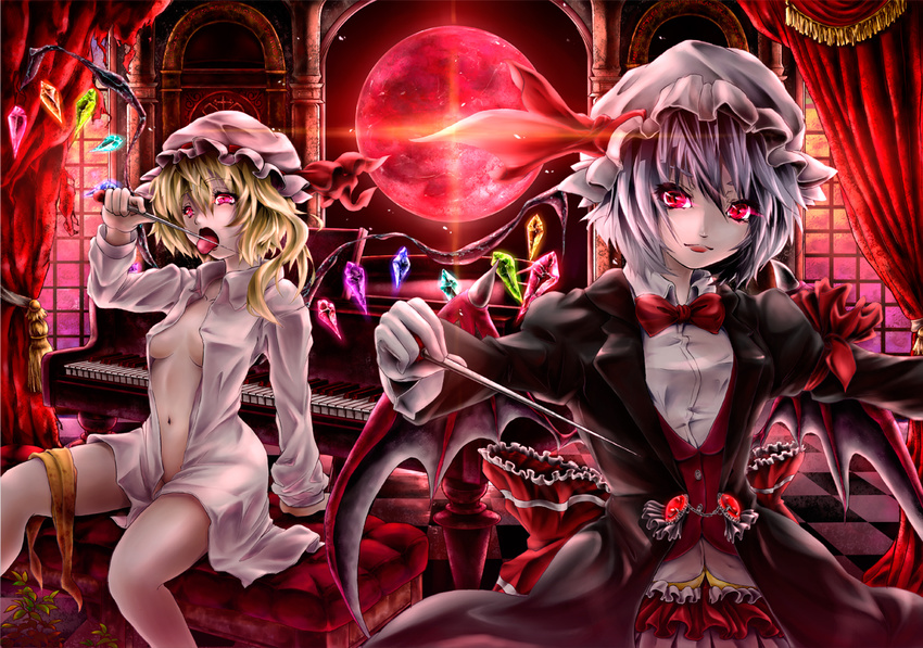 bat_wings blonde_hair bow flandre_scarlet full_moon hat holding_needle instrument licking moon multiple_girls needle onokoro401 open_clothes open_shirt piano red red_eyes red_moon remilia_scarlet shirt short_hair siblings side_ponytail sisters tongue touhou wings