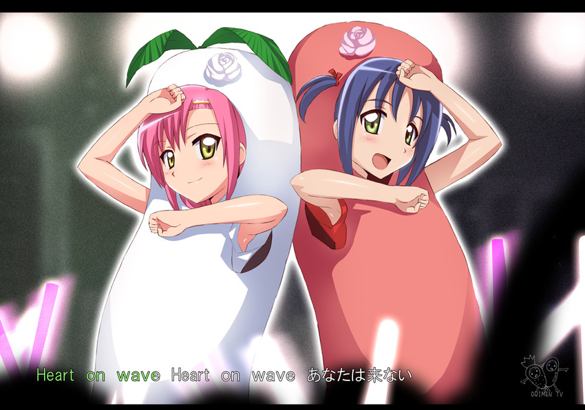 armpits bad_id bad_pixiv_id blue_hair costume engrish flower food hayate_no_gotoku! jet_yowatari karaoke katsura_hinagiku multiple_girls nishizawa_ayumu one_eye_closed pink_hair pose ranguage rose subtitled twintails vegetable yellow_eyes