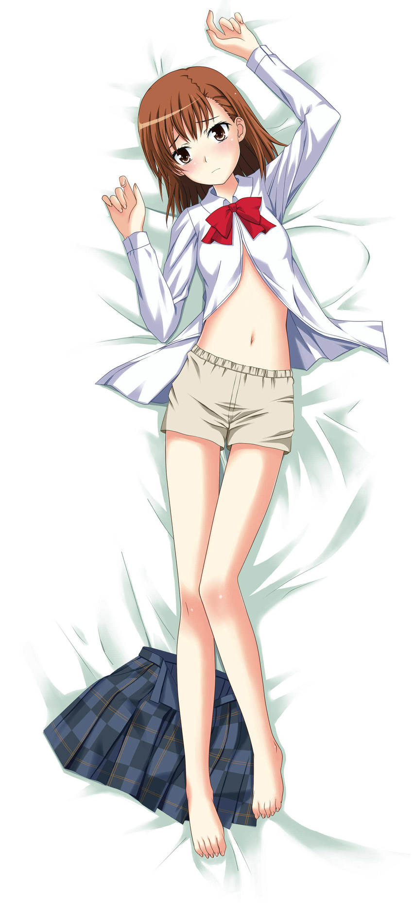 absurdres barefoot brown_eyes brown_hair dakimakura feet full_body highres kamiko_to_seiryoku legs lying md5_mismatch misaka_mikoto navel plaid plaid_skirt shorts skirt skirt_removed solo to_aru_kagaku_no_railgun to_aru_majutsu_no_index undressing uniform