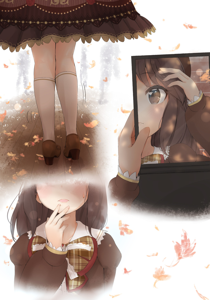 absurdres adjusting_hair autumn_leaves blush bow brown_bow brown_dress brown_eyes brown_footwear brown_hair brown_hat brown_neckwear closed_mouth dress falling_leaves finger_to_mouth from_behind hand_mirror hand_on_own_chin hand_up hat highres holding_mirror idolmaster idolmaster_cinderella_girls kashiwamochi_roko kneehighs leaf long_hair long_sleeves lower_body mirror motion_lines multiple_views plaid plaid_bow plaid_neckwear puffy_long_sleeves puffy_sleeves reflection shoes silhouette standing sweat tachibana_arisu tareme upper_body wavy_mouth white_legwear wooden_floor