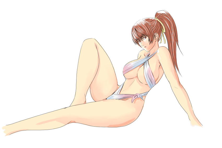 absurdres bangs bare_shoulders breasts brown_eyes brown_hair cleavage closed_mouth dead_or_alive eyebrows_visible_through_hair high_ponytail highres kasumi_(doa) knee_up large_breasts long_hair looking_at_viewer ninja ponytail ribbon simple_background sitting solo swimsuit user_tggn7272 white_background