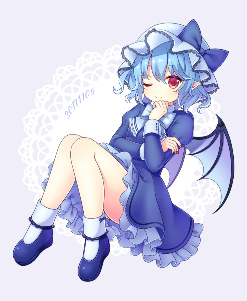alternate_costume bangs bare_legs bat_wings blue blue_bow blue_dress blue_footwear blue_hair blue_wings bow closed_mouth dress hat hat_bow highres juliet_sleeves long_sleeves looking_at_viewer mob_cap nail_polish one_eye_closed pointy_ears puffy_sleeves red_eyes remilia_scarlet shoes smile socks solo touhou white_legwear wings wrist_cuffs yamayu