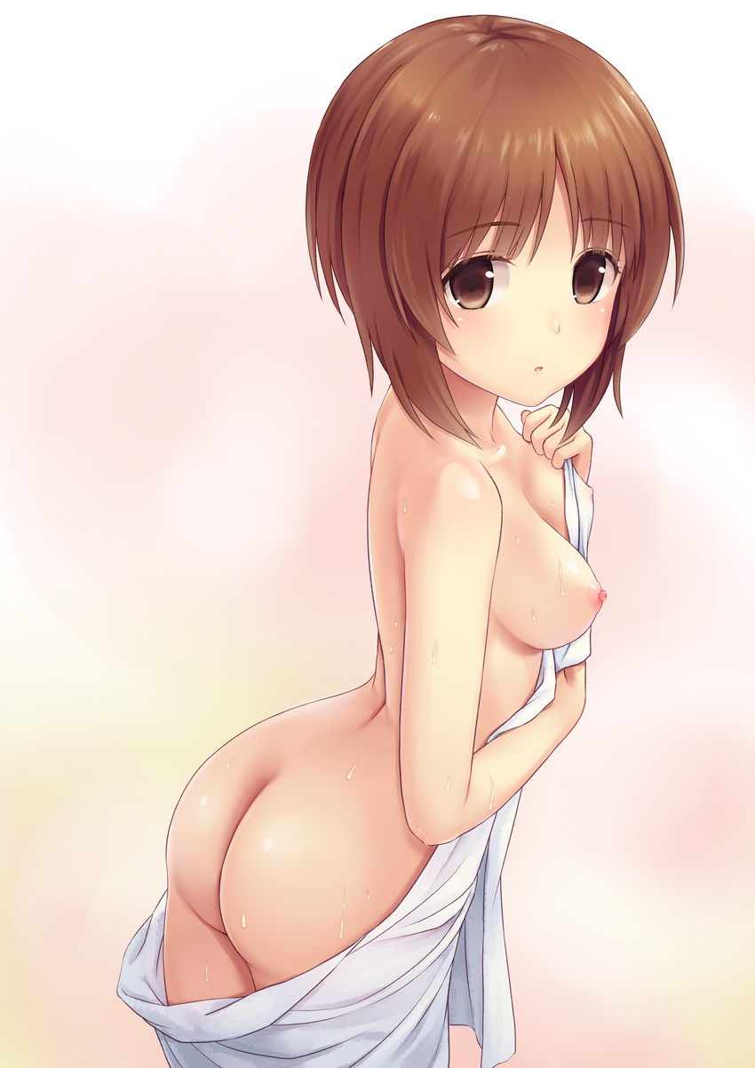 absurdres ass banned_artist breasts brown_eyes brown_hair covered_nipples covering cowboy_shot enty_reward eyebrows_visible_through_hair from_side girls_und_panzer highres leaning_forward looking_at_viewer medium_breasts n.g. naked_sheet nipples nishizumi_miho nude_cover paid_reward parted_lips short_hair simple_background solo sweat