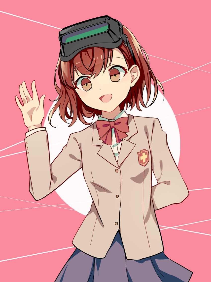 :d \||/ arm_behind_back bangs black-framed_eyewear blazer bow bowtie brown_eyes brown_hair brown_jacket cowboy_shot emblem eyebrows_visible_through_hair goggles goggles_on_head highres jacket long_sleeves misaka_imouto open_mouth pink_background purple_skirt red_bow red_neckwear sada_(sadahalu) short_hair skirt smile solo standing tareme to_aru_majutsu_no_index tokiwadai_school_uniform two-tone_background waving