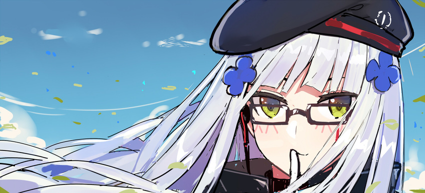 bangs beret black-framed_eyewear black_hat blue_sky blunt_bangs blush closed_mouth cloud commentary_request day echj finger_to_mouth floating_hair girls_frontline glasses gloves green_eyes hair_ornament hat headset hk416_(girls_frontline) index_finger_raised long_hair looking_at_viewer outdoors shushing sky smile solo white_gloves white_hair wind
