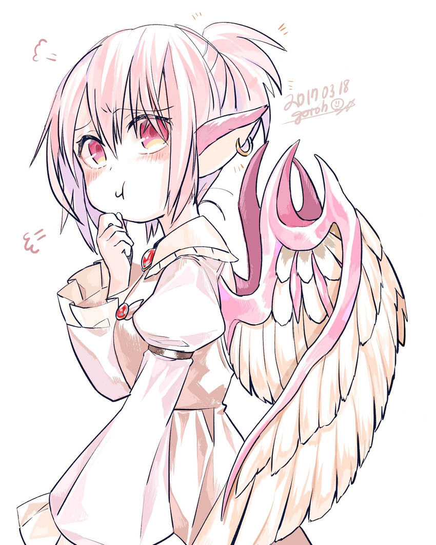 :t =3 animal_ears artist_name bad_id bad_twitter_id bird_wings brown_dress dated dress earrings from_side gotoh510 highres jewelry juliet_sleeves long_sleeves looking_at_viewer mystia_lorelei pink_eyes pink_hair ponytail puffy_sleeves signature simple_background solo touhou white_background wings