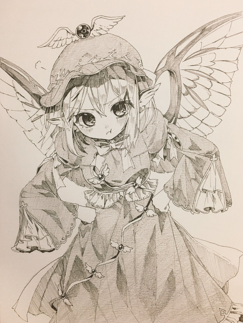:t =3 animal_ears bad_id bad_twitter_id bird_wings blush dress frills gotoh510 greyscale hair_between_eyes hands_on_hips hat highres leaning_forward long_sleeves looking_at_viewer monochrome mystia_lorelei neck_ribbon pout ribbon simple_background solo touhou traditional_media wide_sleeves wings