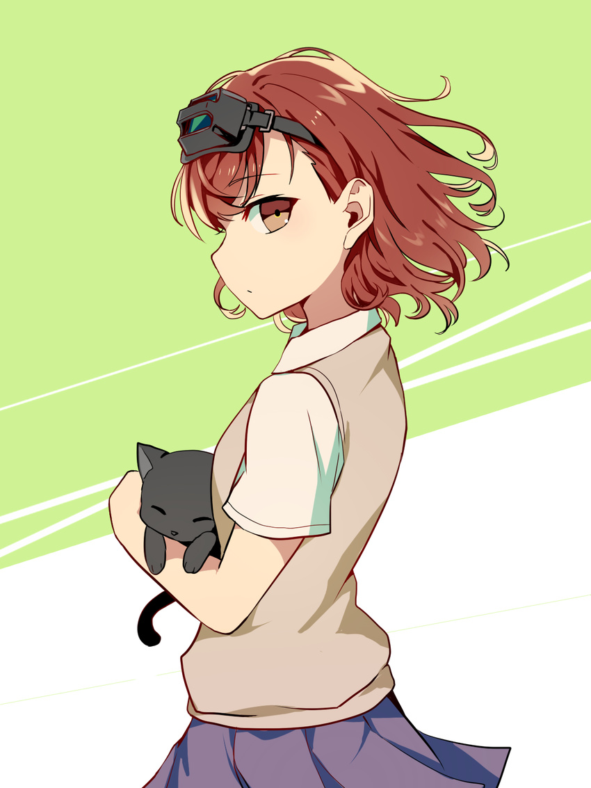 animal black-framed_eyewear black_cat brown_eyes brown_hair cat from_side goggles goggles_on_head green_background highres holding holding_animal looking_at_viewer looking_to_the_side misaka_imouto profile purple_skirt sada_(sadahalu) short_hair short_sleeves skirt solo standing sweater_vest to_aru_majutsu_no_index two-tone_background upper_body