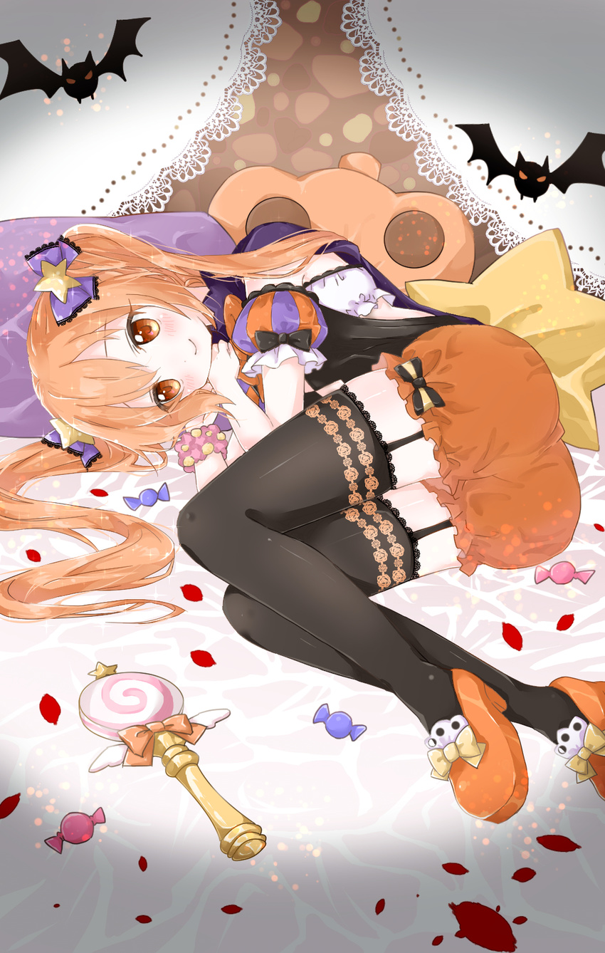 ass bangs bed_sheet black_bow black_legwear black_shirt blush bow candy candy_wrapper cape closed_mouth commentary_request eyebrows_visible_through_hair food frilled_sleeves frills garter_straps hair_between_eyes hair_bow halloween head_tilt high_heels highres jack-o'-lantern lace lace-trimmed_bow lace-trimmed_thighhighs light_brown_hair lollipop looking_at_viewer lying on_side orange_footwear orange_shorts original petals pillow puffy_short_sleeves puffy_sleeves purple_bow purple_cape purple_pillow shirt short_shorts short_sleeves shorts smile solo star star_pillow striped_sleeves swirl_lollipop thighhighs twintails uchuuneko wand wristband