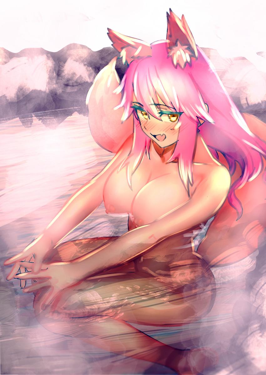 :d absurdres animal_ears ass bathing blush breasts cleavage fang fate/extra fate_(series) fox_ears fox_tail highres kujuu_shikuro large_breasts long_hair looking_at_viewer nipples nude onsen open_mouth pink_hair sitting smile solo tail tamamo_(fate)_(all) tamamo_no_mae_(fate) yellow_eyes