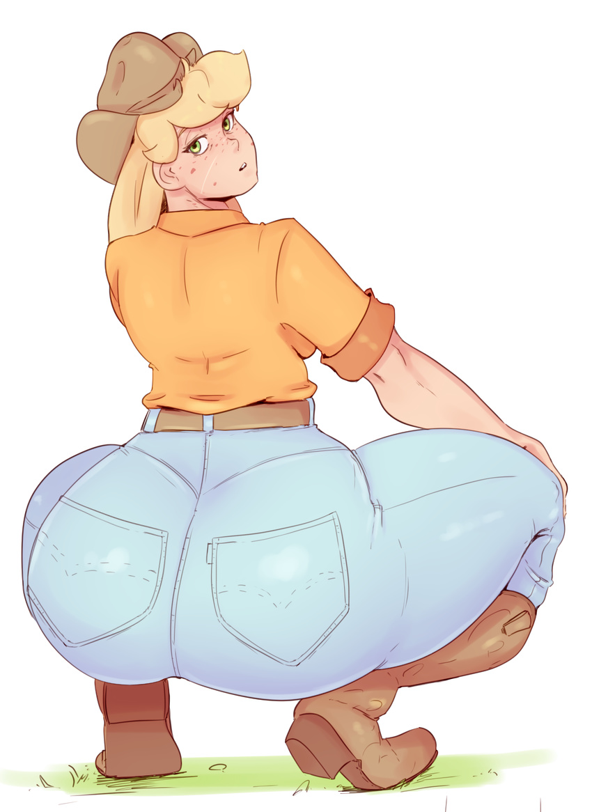 alternate_species applejack_(mlp) belt big_butt boots bottom_heavy butt clothed clothing cowboy_boots cowboy_hat crouching female footwear freckles friendship_is_magic green_eyes hat high_heeled_boots human human_only humanized jeans looking_at_viewer looking_back mammal my_little_pony not_furry pants shirt simple_background solo sundown_(artist) thick_thighs wide_hips