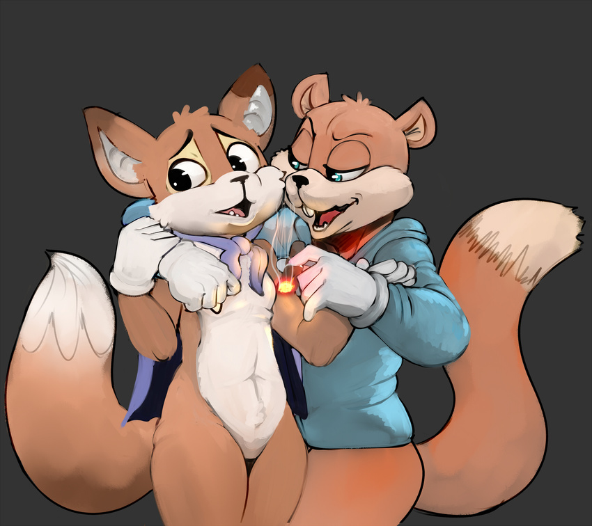 canine cigar clothing conker conker's_bad_fur_day duo fluffydonuts fox lucky lucky's_tale lucky_the_fox male mammal open_mouth rare rareware rodent simple_background smile squirrel video_games