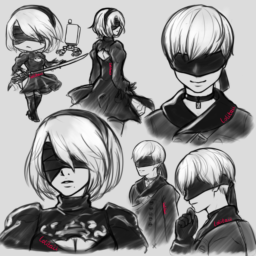 1girl artist_name backless_dress backless_outfit blindfold breasts chibi cleavage cleavage_cutout coat collar dress feather-trimmed_sleeves gloves greyscale hairband highres lolitaii medium_breasts mole mole_under_mouth monochrome nier_(series) nier_automata pod_(nier_automata) signature sketch smile sword weapon yorha_no._2_type_b yorha_no._9_type_s