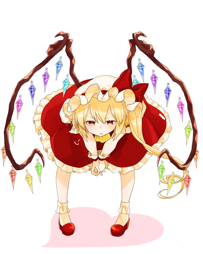 :t =3 ascot bad_id bad_twitter_id bangs bent_over blonde_hair bobby_socks bow flandre_scarlet full_body gotoh510 hat hat_bow highres interlocked_fingers long_hair looking_at_viewer mob_cap own_hands_together pout red_bow red_eyes red_footwear red_skirt shoes side_ponytail skirt socks solo standing touhou white_legwear wings wrist_cuffs