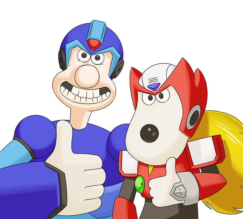 2016 5_fingers aardman_animations absurd_res alpha_channel anthro armor biped black_eyes black_nose blonde_hair body_armor canine capcom cosplay crossover digital_drawing_(artwork) digital_media_(artwork) dog duo front_view gesture gromit_(wallace_and_gromit) hair half-length_portrait helmet hi_res human humanoid_hands light_skin long_hair looking_at_viewer male mammal mega_man_(series) mega_man_x mega_man_x_(series) mrapplegate portrait simple_background smile tan_skin thumbs_up toony transparent_background video_games wallace_(wallace_and_gromit) wallace_and_gromit white_body zero_(mega_man)