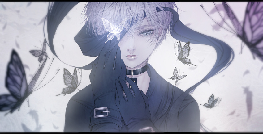 black_gloves blindfold blindfold_slip blue_eyes blurry buckle bug butterfly choker depth_of_field eyelashes feathers gloves graphite_(medium) hand_on_own_face highres insect kuroe letterboxed male_focus nier_(series) nier_automata one_eye_covered pale_skin solo traditional_media upper_body white_hair yorha_no._9_type_s