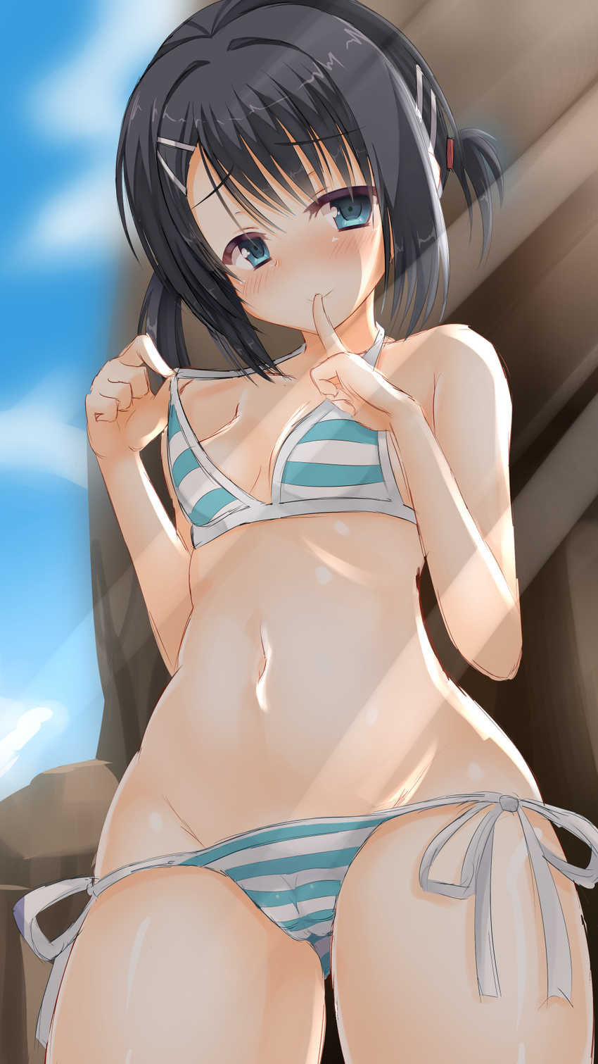 ass_visible_through_thighs bangs bikini black_hair blue_bikini blue_eyes blush breasts cameltoe closed_mouth cowboy_shot day dracu-riot! eyebrows_visible_through_hair finger_to_mouth hair_ornament hairclip highres index_finger_raised light_rays looking_at_viewer makochan42 mera_azusa naughty_face navel nose_blush outdoors pulled_by_self raised_eyebrows ribbon rock shiny shiny_skin short_hair shushing side-tie_bikini small_breasts smile solo standing stomach strap_pull striped striped_bikini sunbeam sunlight swimsuit tareme thighs two_side_up white_ribbon