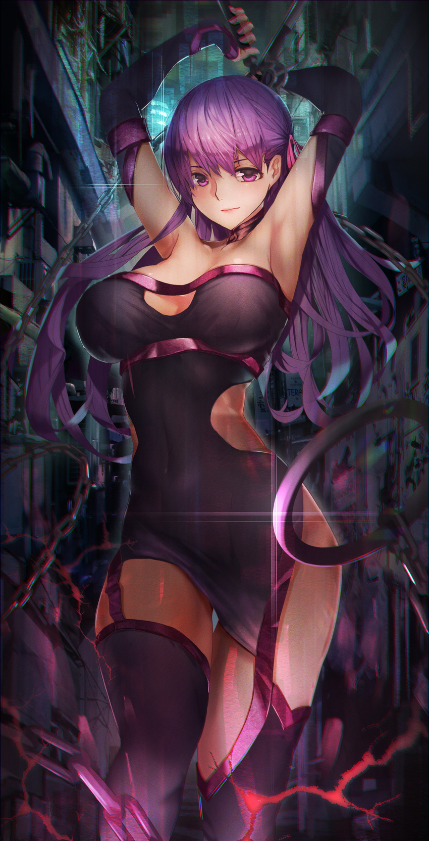 absurdres bare_shoulders breasts chain cleavage cleavage_cutout collar commentary_request cosplay detached_sleeves dress fate/stay_night fate_(series) highres huge_breasts long_hair matou_sakura plaster_(2501) purple_eyes purple_hair rider rider_(cosplay) side_cutout solo strapless strapless_dress thighhighs underbust weapon zettai_ryouiki