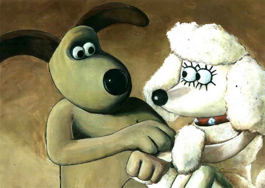 2012 3_fingers aardman_animations absurd_res anthro anthro_on_anthro arm_grab arm_tuft biped black_eyes black_nose brown_background brown_theme canine canon_couple collar dog duo embrace eye_contact female floppy_ears fluffles_(wallace_and_gromit) fur grim1978 gromit_(wallace_and_gromit) half-length_portrait hand_holding hi_res male male/female mammal naked_collar nude painting_(artwork) poodle portrait romantic_couple simple_background tan_body toony traditional_media_(artwork) wallace_and_gromit white_body white_fur